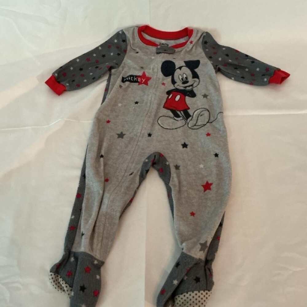 Disney Mickey Mouse baby footed sleeper with red stars and gray polka dots, size